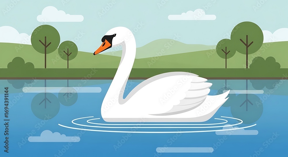 Obraz premium Swan swimming serene lake landscape. (1)