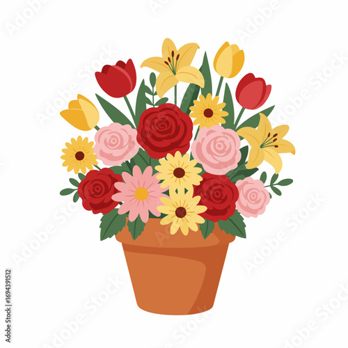 Cheerful floral arrangement with roses, tulips, and lilies in a terracotta pot