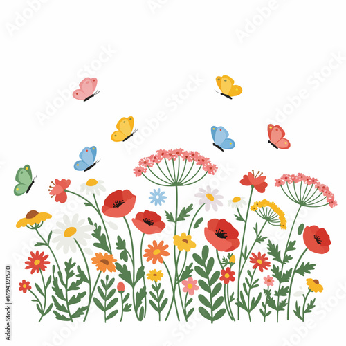 A vibrant illustration of a summer meadow filled with colorful wildflowers like poppies and daisies, with butterflies fluttering above.