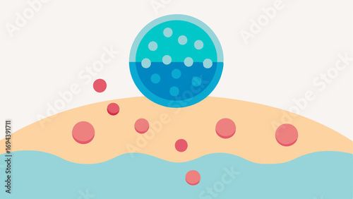 Exosome Delivery System Visualize exosomes represented as tiny particles or bubbles moving towards skin cells illustrating the delivery process of restorative properties.