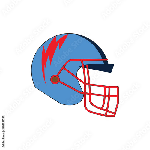 Vector illustration of a blue American football helmet with a red face shield and lightning bolt design.