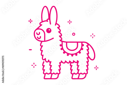Pink donkey pinata with festive sparkle accents is isolated on a white backdrop