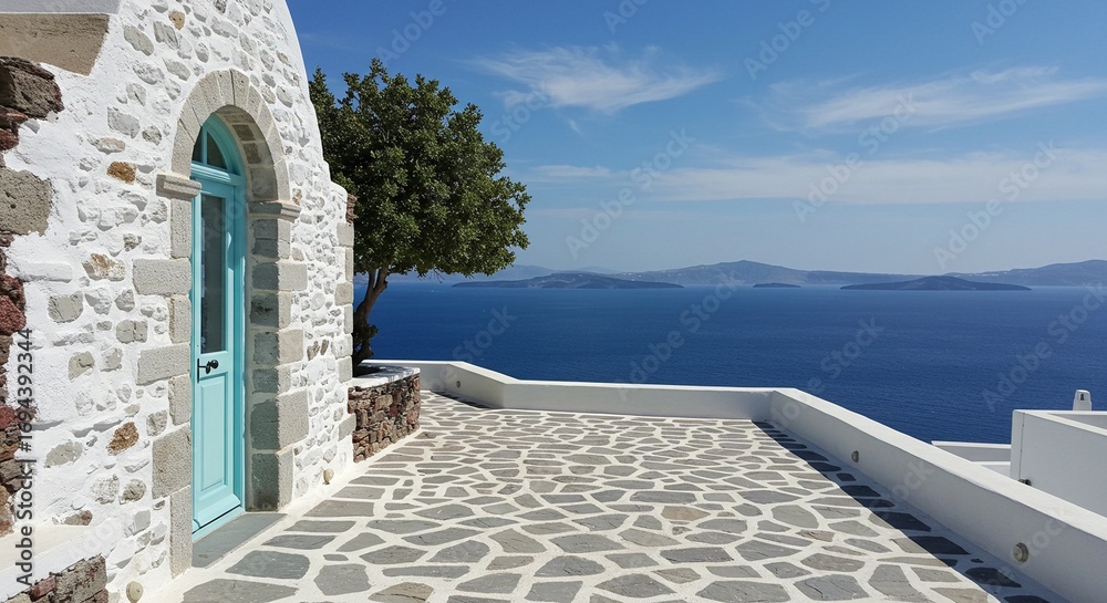 Fototapeta premium Scenic Greek Isle View: A traditional building with a blue door overlooks the Aegean Sea from a paved terrace, clear skies above.