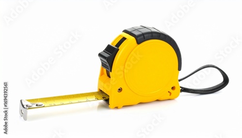 yellow and black retractable tape measure with extended metal tape on neutral background