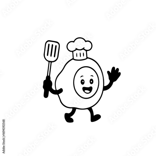 Cute Fried Egg Chef with Spatula Outline Transparent. Outline cartoon fried egg character with chef hat holding spatula, white areas removed for transparency. Ideal for stickers, coloring,