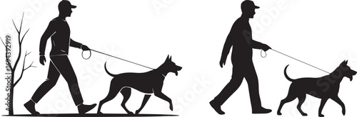 Dog Walking Silhouette Set Featuring Two Human Figures with Dogs in Motion and Calm Poses Near Tree and Open Space
