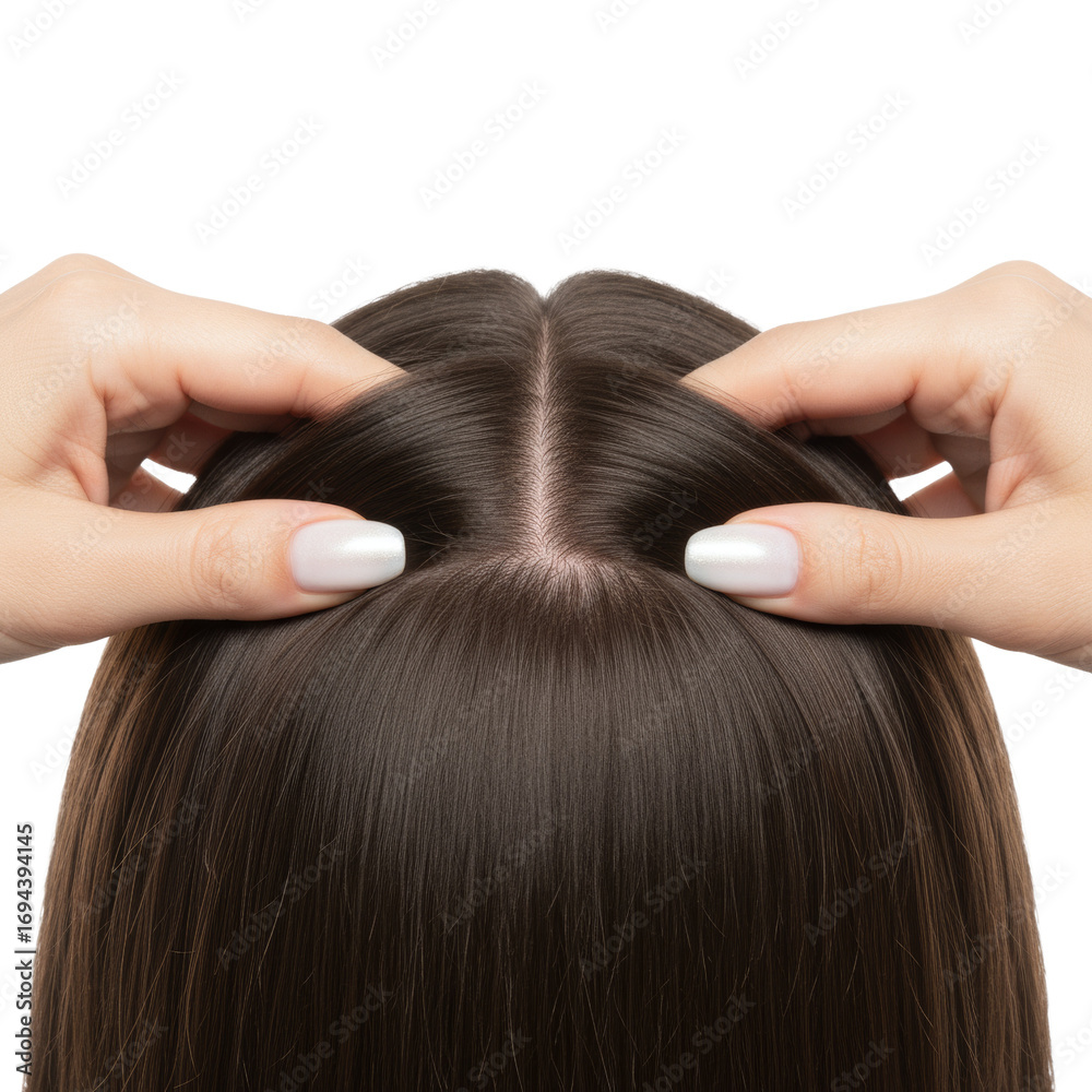 Fototapeta premium Close-up of a Woman's Hairline and Hands isolated on Transparent Background promoting Hair