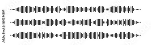 Podcast wave sound patterns with black bars for audio visualization or recording interfaces. Waveforms with varying frequencies and amplitudes. Minimalist design elements for music production software