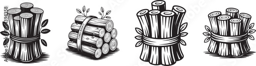 Four stylized bundles of wood logs with leaves and bands firewood timber