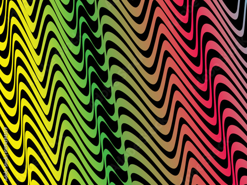 The wave pattern background is a vertical wavy line pattern with bright neon color gradations, creating a dynamic flowing effect on a deep black background.