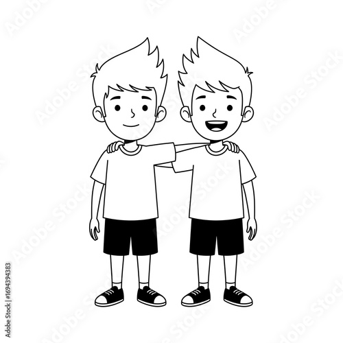 Two young boys, friends or brothers, standing together with an arm around each other in a black and white cartoon illustration.