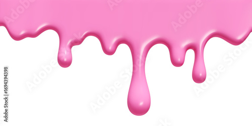 Pink ice cream melt with glossy drips and smooth texture for dessert designs or summer graphics. Liquid flows down in curved streams on white bg. Sweet decoration for packaging and advertisements.
