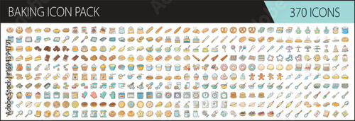 Baking and pastry food colorful vector icon pack - Large set of 370 colorful vector icons related to baking, including bread, cakes, cookies, pastries, ingredients, utensils, and kitchen tools.