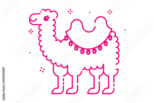 Pink line art displays a shaggy camel standing with a decorative saddle ornament