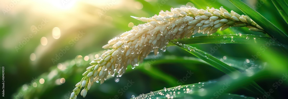 Fototapeta premium Blooming Rice Flower with Dewdrops