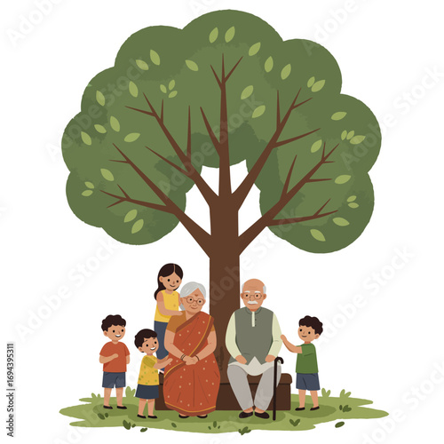 Grandparents with Grandchildren under a Tree.