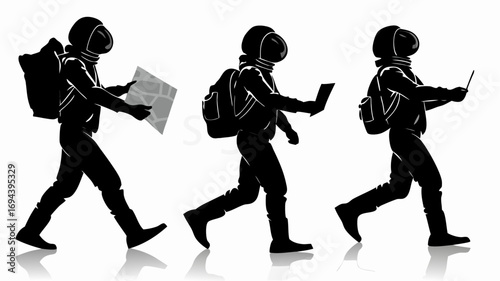 Three astronauts in silhouette walking with gear and devices on a white background with reflections | editable eps vectors