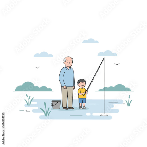 Grandfather and Grandson Enjoying Fishing.