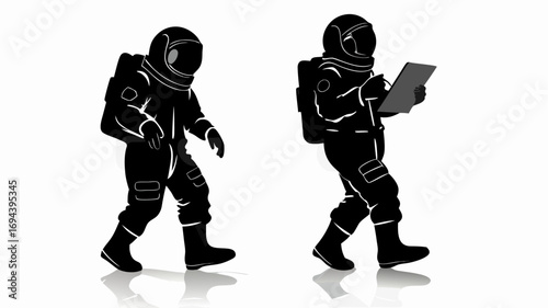 Two astronauts in black suits one holding a clipboard walking on a reflective surface in silhouette style | editable eps vectors