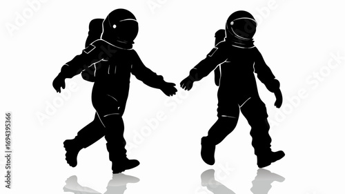 Two astronauts in silhouette walking side by side with reflection on a white background in outer space | editable eps vectors