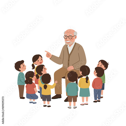 Elderly Teacher Educating Young Children.
