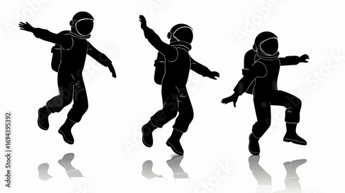 Three astronauts in black silhouette jumping with reflections on a white background in a playful manner | editable eps vectors