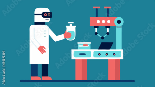 Automated Testing Station A sleek robotic unit with an array of instruments taking samples from a test tube rack while a medical technician observes the process.