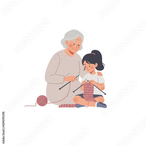 Grandmother teaching granddaughter knitting.