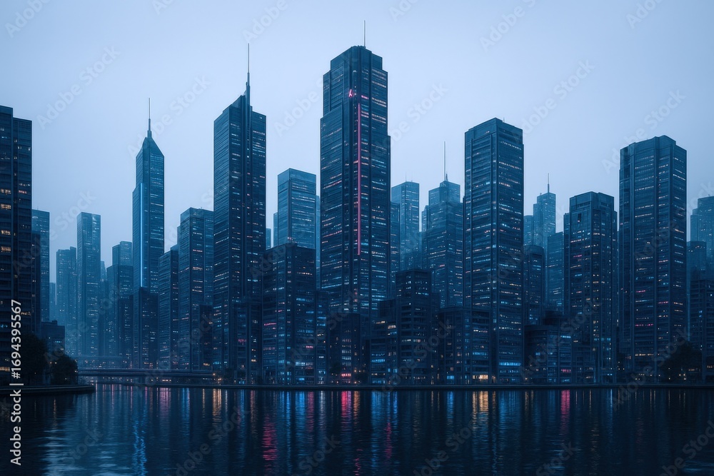 Obraz premium Dramatic Cityscape at Dusk Reflecting in Calm Waters, Showcasing Urban Architecture and Modern Design