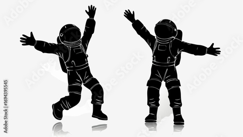 Two astronauts in spacesuits with arms raised in a celebratory gesture against a white background space theme | editable eps vectors silhouette