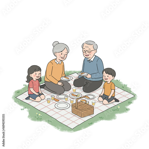 Grandparents having a picnic with grandchildren.
