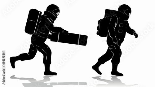Two astronauts in silhouette one running with a case and the other walking with a backpack on a white background | editable eps vectors