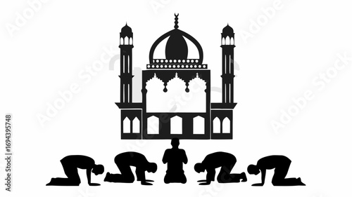 Silhouette of mosque with minarets and people praying in a line in front of the building at daytime view | editable eps vectors