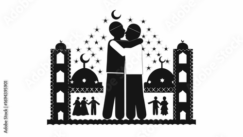 Illustration of two men embracing in front of a mosque with stars and crescent moons in the background | editable eps vectors silhouette