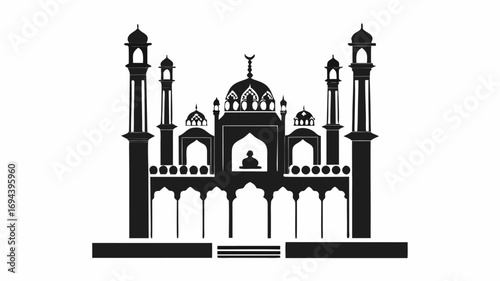 Silhouette illustration of a mosque with minarets domes and crescent moon in a simple black and white design | editable eps vectors