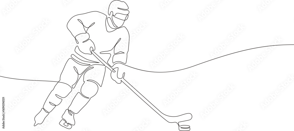 Fototapeta premium Ice hockey player in helmet skating with stick and puck. Continuous line vector illustration. Winter team sport and competition. Milano Cortina 2026 Winter Olympics sport concept