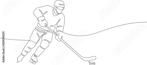 Ice hockey player in helmet skating with stick and puck. Continuous line vector illustration. Winter team sport and competition. Milano Cortina 2026 Winter Olympics sport concept