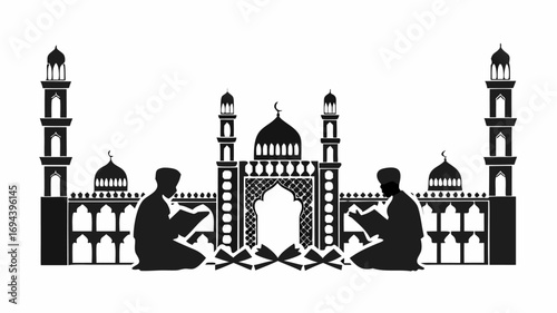 Two muslims reading quran in front of a mosque with minarets and domes in a monochrome silhouette style | editable eps vectors