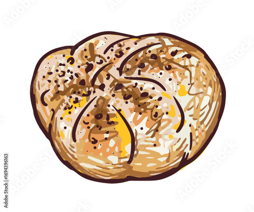Bun one sweet soft fresh pastry, dessert, flour high-calorie tasty food, bakery, cafe, sketch, realistic hand drawing, vector illustration