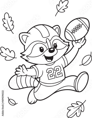 Cartoon raccoon wearing jersey number 22 holding football and jumping american football