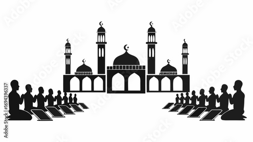 Silhouette of a mosque with minarets and people praying in rows on prayer mats in black and white style | editable eps vectors