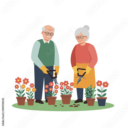 Elderly Couple Gardening Together.