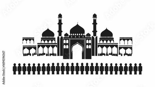 Silhouette of a mosque with domes and minarets and a crowd of people in front in a vector illustration | editable eps vectors