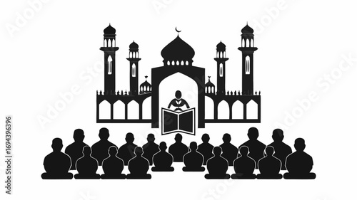 Silhouette illustration of a mosque with minarets and a group of people listening to a person reading | editable eps vectors