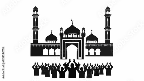 Silhouette of a mosque with minarets and domes with a crowd raising their hands in the foreground | editable eps vectors