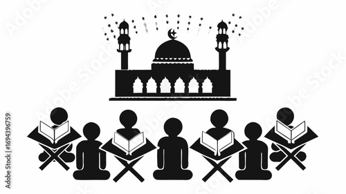 Illustration of a mosque with crescent moon and people reading books in a religious setting design vector | editable eps vectors silhouette
