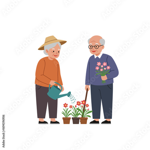 Elderly Couple Tending to Their Garden.