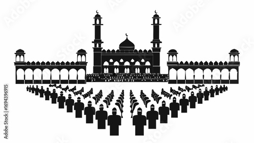 Silhouette of a mosque with minarets and a large crowd of people praying in rows in front of it | editable eps vectors