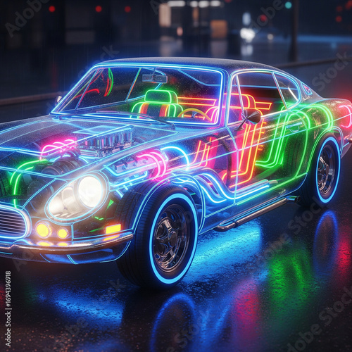 Futuristic Neon Outline of a Classic Car with Visible Engine and Interior