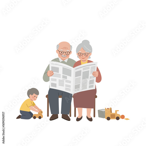 Grandparents Reading Newspaper with Grandchild Playing.